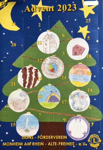 Motiv 2023: Schülerinnen und Schüler der Astrid-Lindgren-Grunschule, Weihnachtsbaum mit Monheimer Motiv-Kugeln